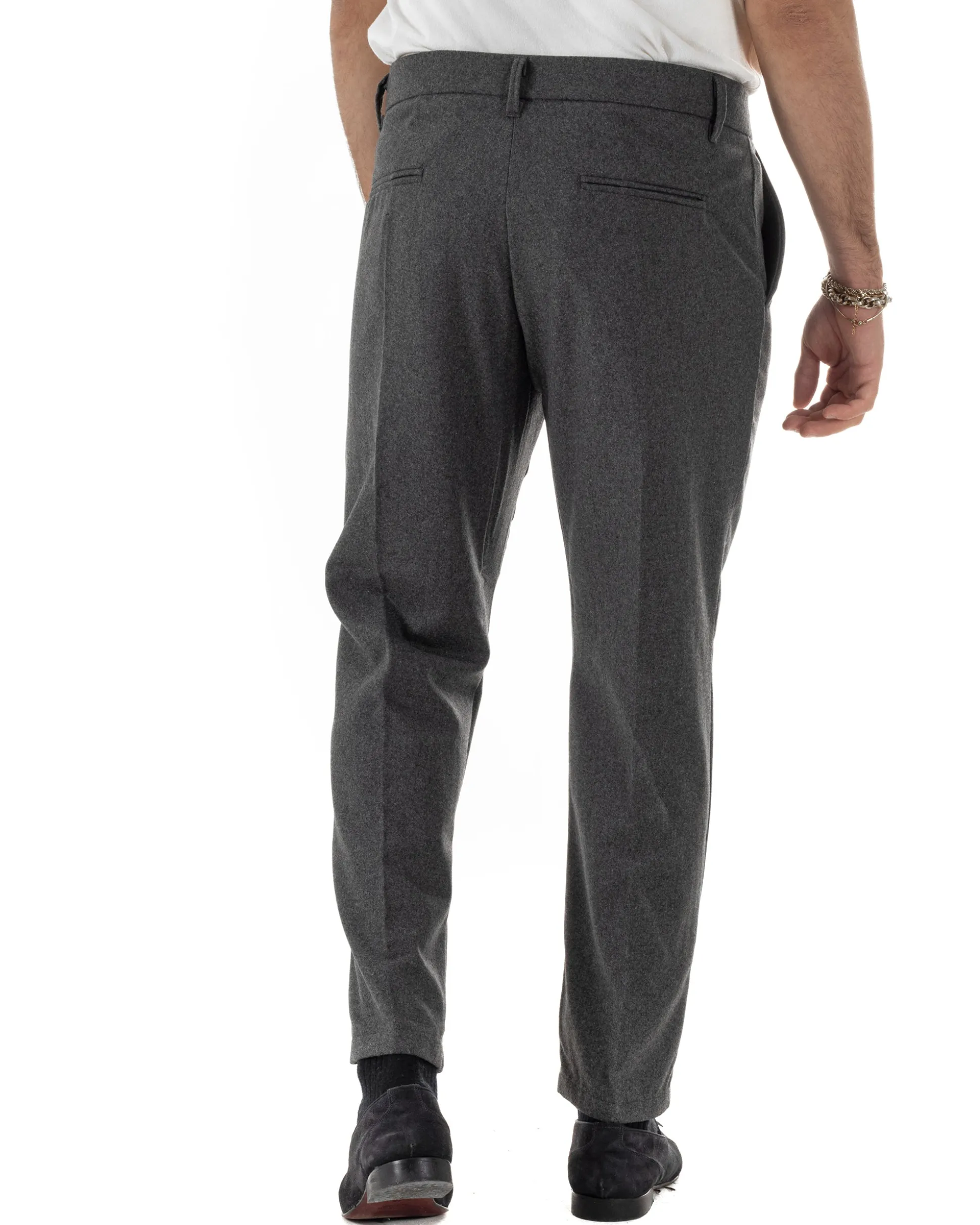 Pantaloni Uomo Lana Abbottonatura Allungata Classico Basic Grigio P6435A