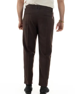 Pantaloni Uomo Lana Abbottonatura Allungata Classico Basic Marrone P6436A