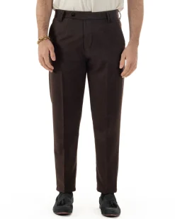Pantaloni Uomo Lana Abbottonatura Allungata Classico Basic Marrone P6436A