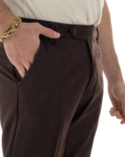 Pantaloni Uomo Lana Abbottonatura Allungata Classico Basic Marrone P6436A