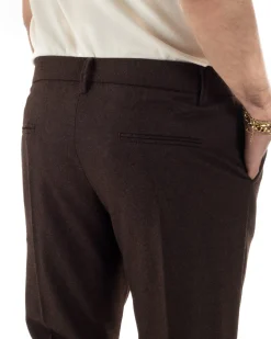 Pantaloni Uomo Lana Abbottonatura Allungata Classico Basic Marrone P6436A