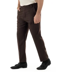 Pantaloni Uomo Lana Abbottonatura Allungata Classico Basic Marrone P6436A