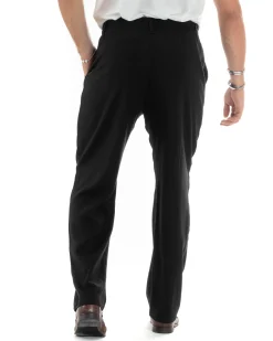 Pantaloni Uomo Lino Baggy Lungo Abbottonatura Allungata Tasche America Pinces Elastico Sul Retro Casual Tinta Unita Nero GIOSAL-P6111A