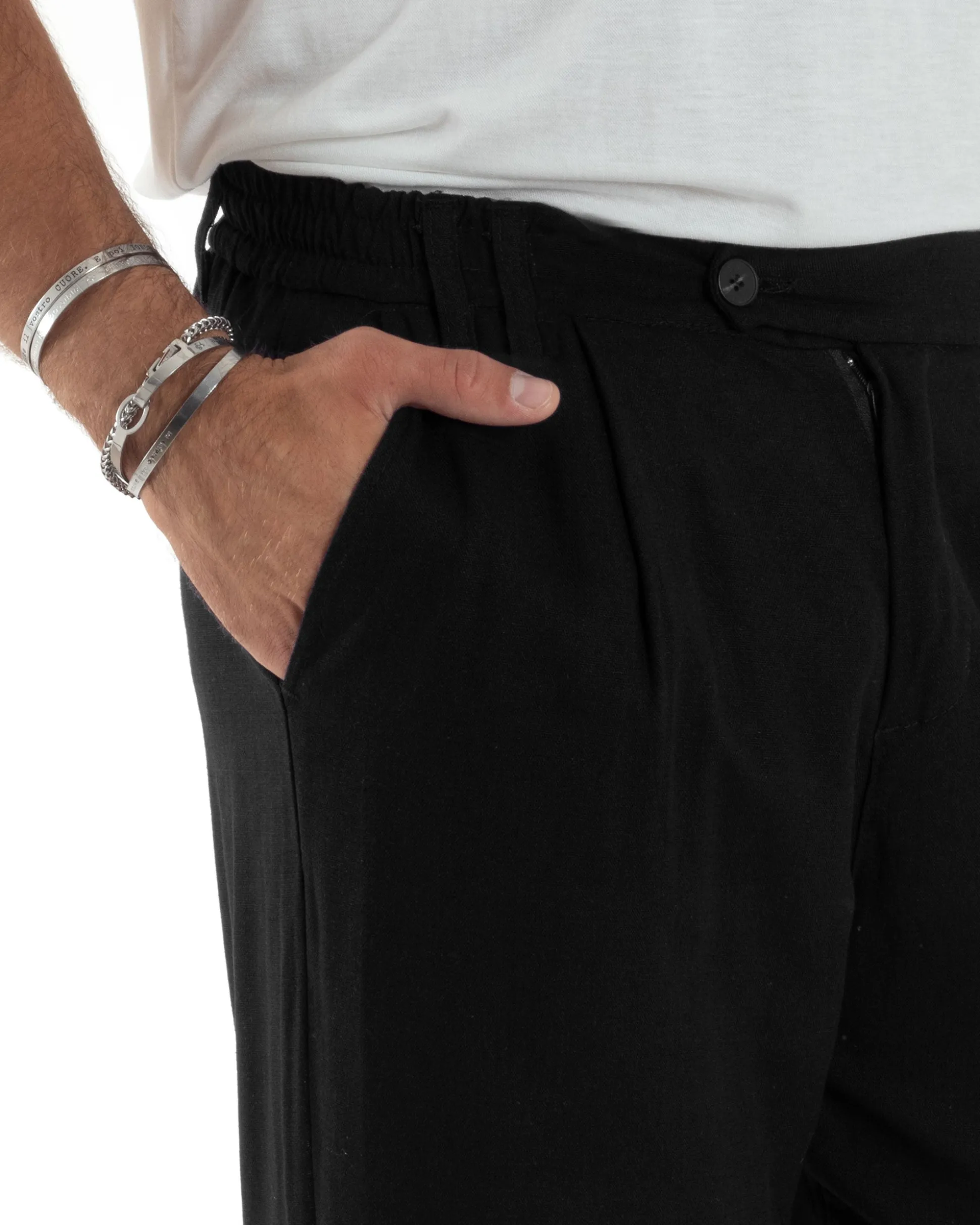 Pantaloni Uomo Lino Baggy Lungo Abbottonatura Allungata Tasche America Pinces Elastico Sul Retro Casual Tinta Unita Nero GIOSAL-P6111A