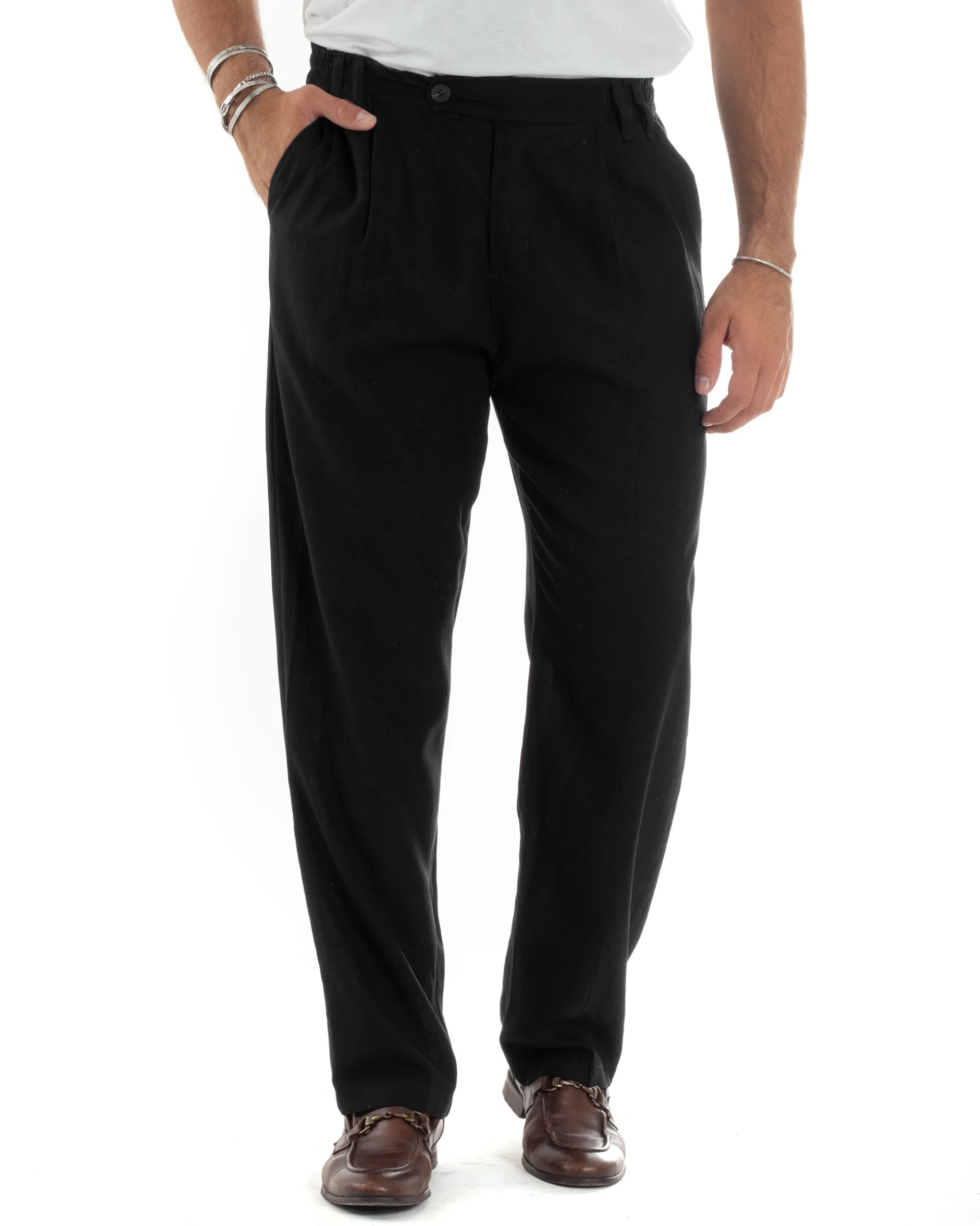 Pantaloni Uomo Lino Baggy Lungo Abbottonatura Allungata Tasche America Pinces Elastico Sul Retro Casual Tinta Unita Nero GIOSAL-P6111A