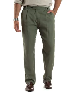 Pantaloni Uomo Lino Baggy Lungo Abbottonatura Allungata Tasche America Pinces Elastico Sul Retro Casual Tinta Unita Verde GIOSAL-P6108A