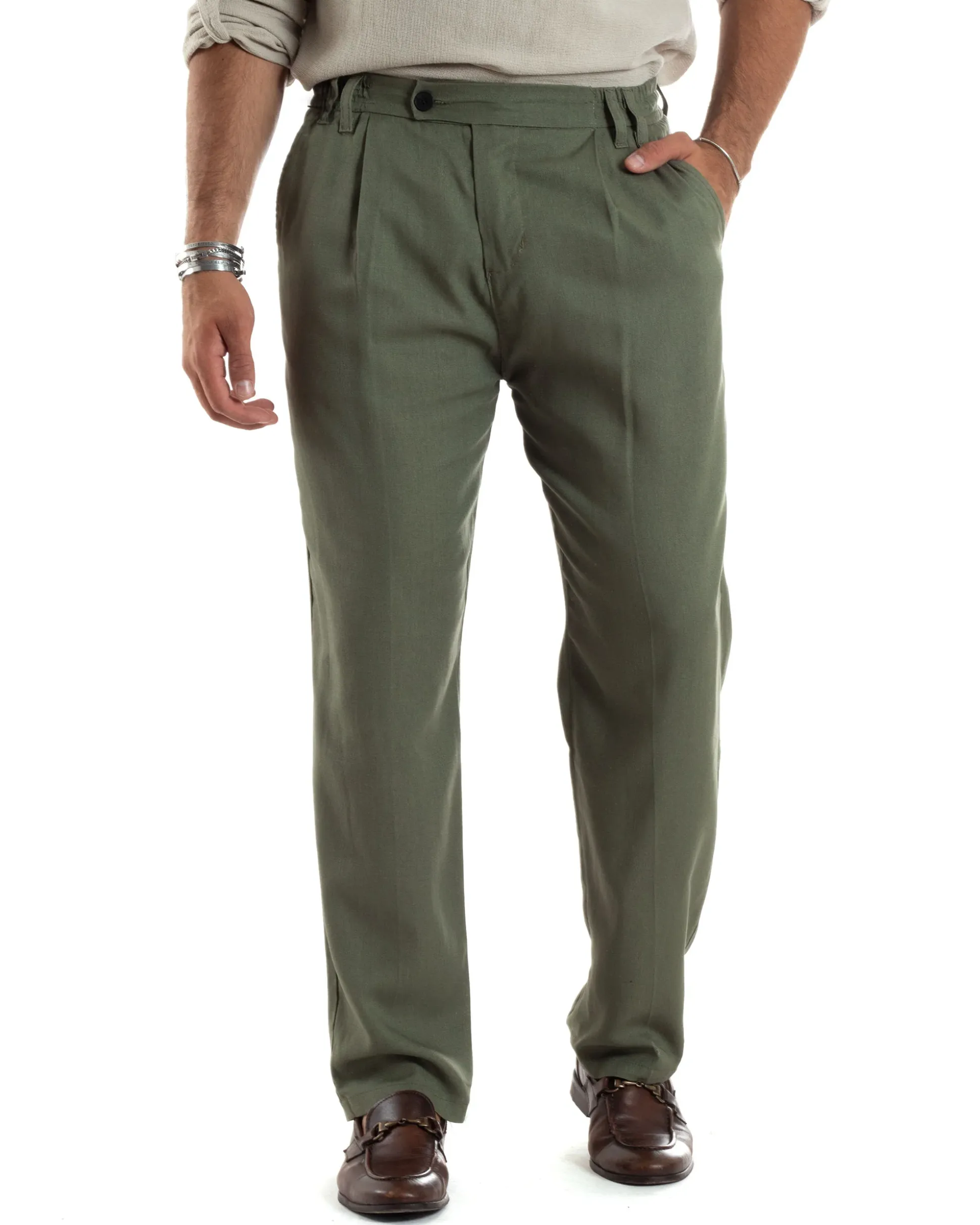 Pantaloni Uomo Lino Baggy Lungo Abbottonatura Allungata Tasche America Pinces Elastico Sul Retro Casual Tinta Unita Verde GIOSAL-P6108A