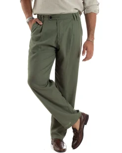 Pantaloni Uomo Lino Baggy Lungo Abbottonatura Allungata Tasche America Pinces Elastico Sul Retro Casual Tinta Unita Verde GIOSAL-P6108A