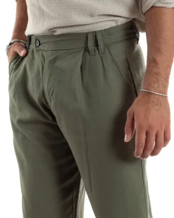 Pantaloni Uomo Lino Baggy Lungo Abbottonatura Allungata Tasche America Pinces Elastico Sul Retro Casual Tinta Unita Verde GIOSAL-P6108A