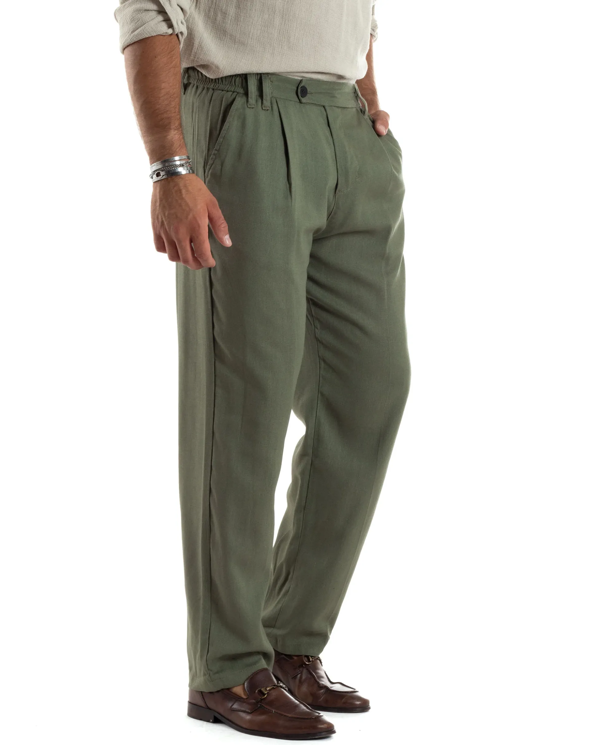 Pantaloni Uomo Lino Baggy Lungo Abbottonatura Allungata Tasche America Pinces Elastico Sul Retro Casual Tinta Unita Verde GIOSAL-P6108A