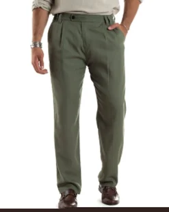 Pantaloni Uomo Lino Baggy Lungo Abbottonatura Allungata Tasche America Pinces Elastico Sul Retro Casual Tinta Unita Verde GIOSAL-P6108A