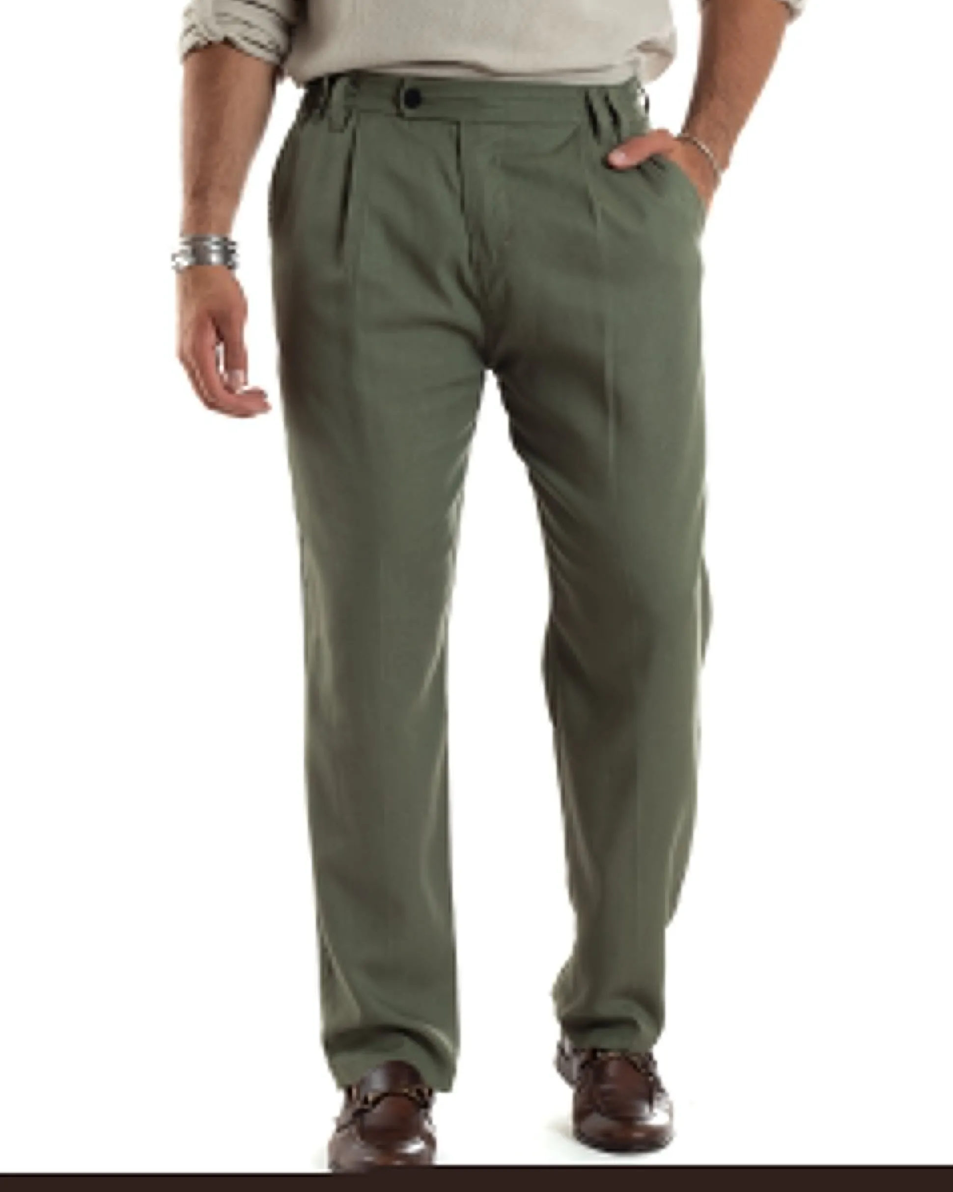 Pantaloni Uomo Lino Baggy Lungo Abbottonatura Allungata Tasche America Pinces Elastico Sul Retro Casual Tinta Unita Verde GIOSAL-P6108A