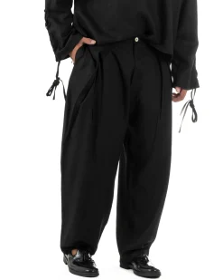 Pantaloni uomo lino baggy wide fit pinces estivo nero GIOSAL-P6519A