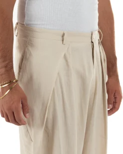 Pantaloni uomo lino baggy wide fit pinces estivo beige GIOSAL-P6521A