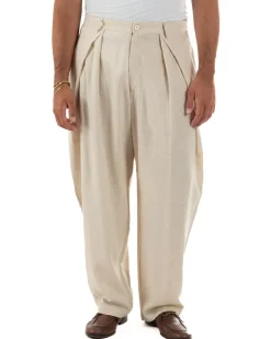 Pantaloni uomo lino baggy wide fit pinces estivo beige GIOSAL-P6521A