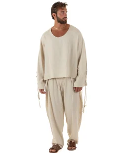 Pantaloni uomo lino baggy wide fit pinces estivo beige GIOSAL-P6521A