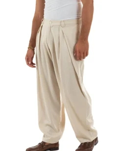Pantaloni uomo lino baggy wide fit pinces estivo beige GIOSAL-P6521A
