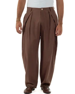 Pantaloni uomo lino baggy wide fit pinces estivo marrone GIOSAL-P6520A