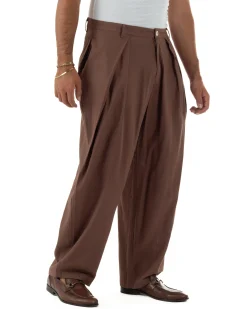 Pantaloni uomo lino baggy wide fit pinces estivo marrone GIOSAL-P6520A