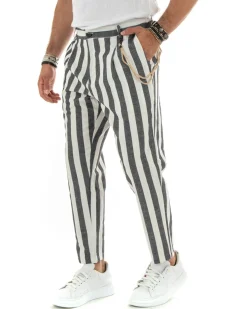 Pantaloni Uomo Lino Elegante Casual Con Catena Con Tasche America Con Elastico Sul Retro Rigato Bicolore Nero GIOSAL-P5882A