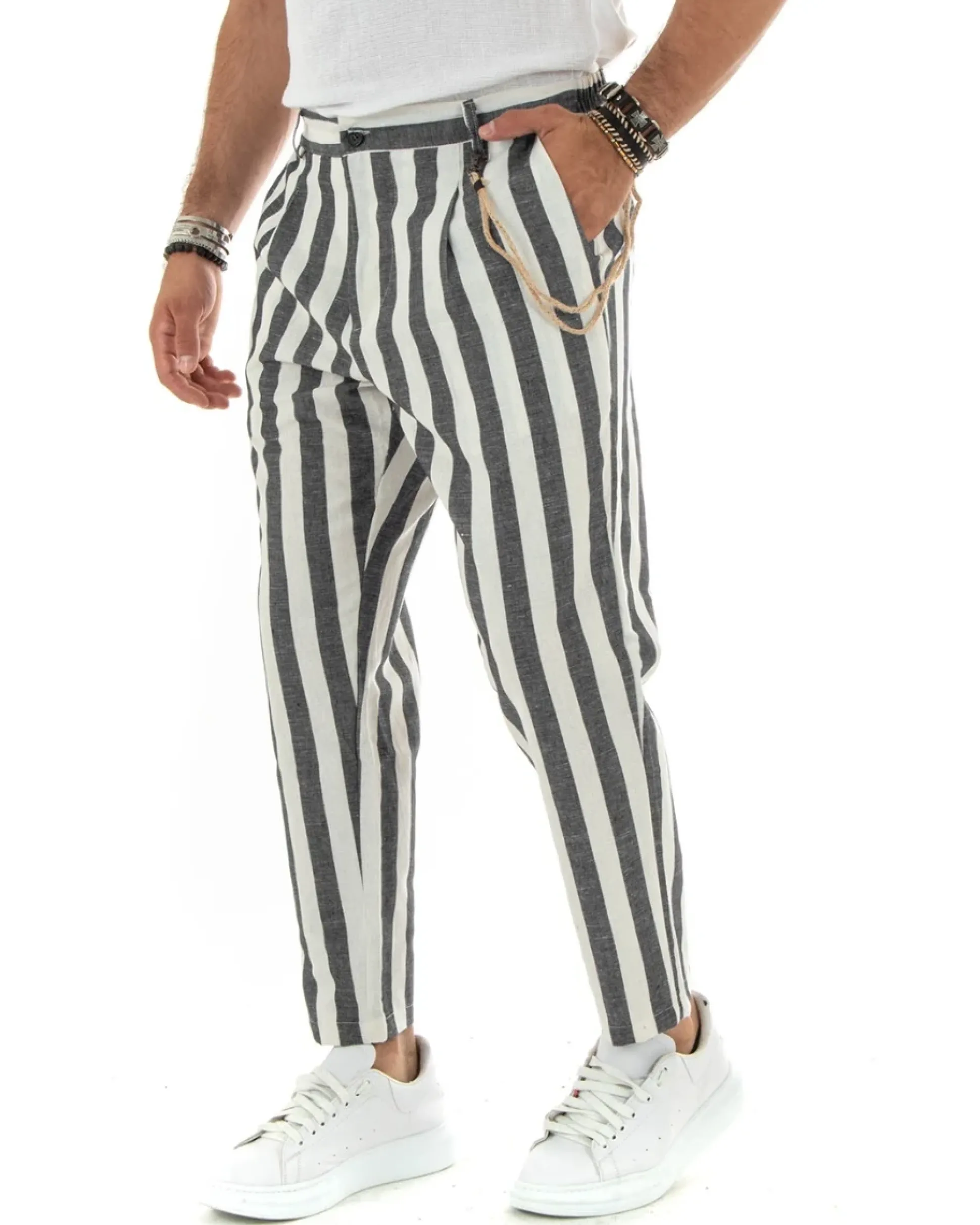 Pantaloni Uomo Lino Elegante Casual Con Catena Con Tasche America Con Elastico Sul Retro Rigato Bicolore Nero GIOSAL-P5882A