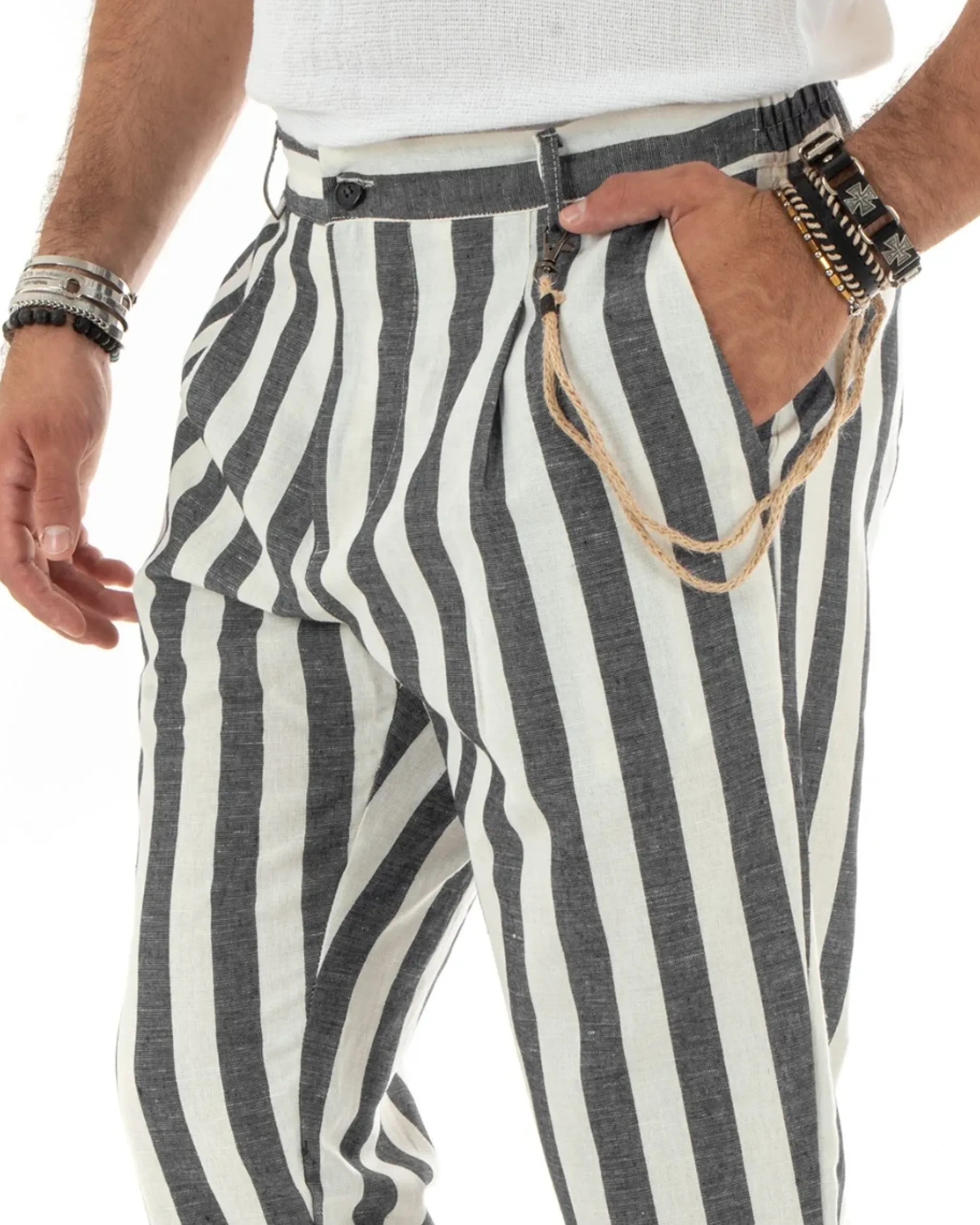 Pantaloni Uomo Lino Elegante Casual Con Catena Con Tasche America Con Elastico Sul Retro Rigato Bicolore Nero GIOSAL-P5882A
