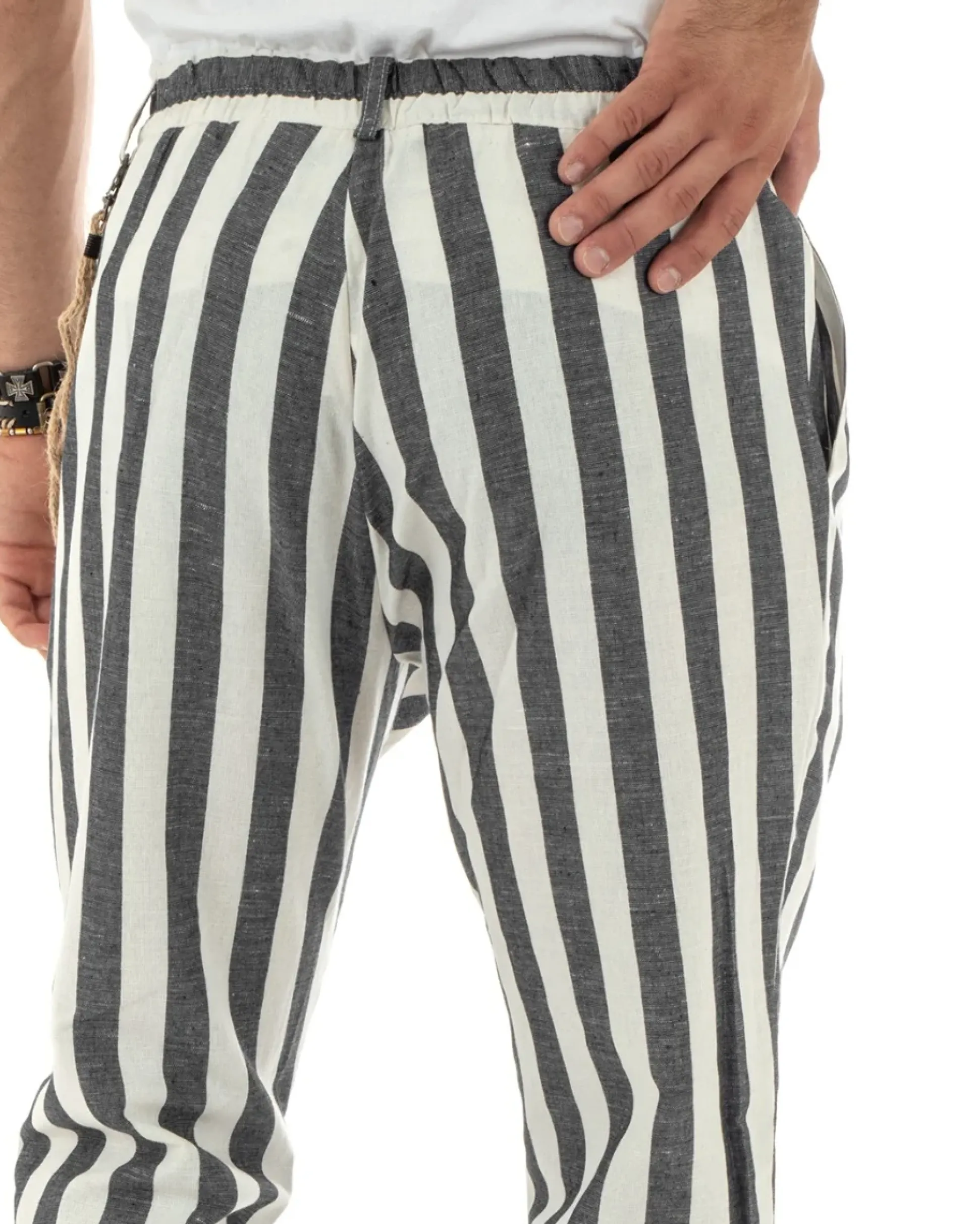 Pantaloni Uomo Lino Elegante Casual Con Catena Con Tasche America Con Elastico Sul Retro Rigato Bicolore Nero GIOSAL-P5882A
