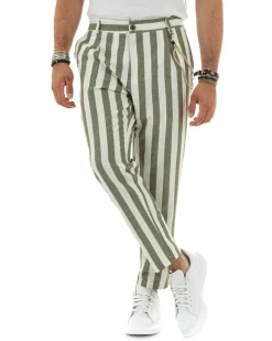 Pantaloni Uomo Lino Elegante Casual Con Catena Con Tasche America Con Elastico Sul Retro Rigato Bicolore Verde GIOSAL-P5881A