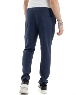 Pantaloni Uomo Lino Pantalaccio Elastico Morbido Basic Regular Fit Blu P6099A