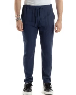 Pantaloni Uomo Lino Pantalaccio Elastico Morbido Basic Regular Fit Blu P6099A