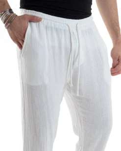 Pantaloni Uomo Lino Pantalaccio Elastico Morbido Basic Regular Fit Bianco P6095A
