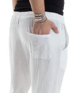 Pantaloni Uomo Lino Pantalaccio Elastico Morbido Basic Regular Fit Bianco P6095A