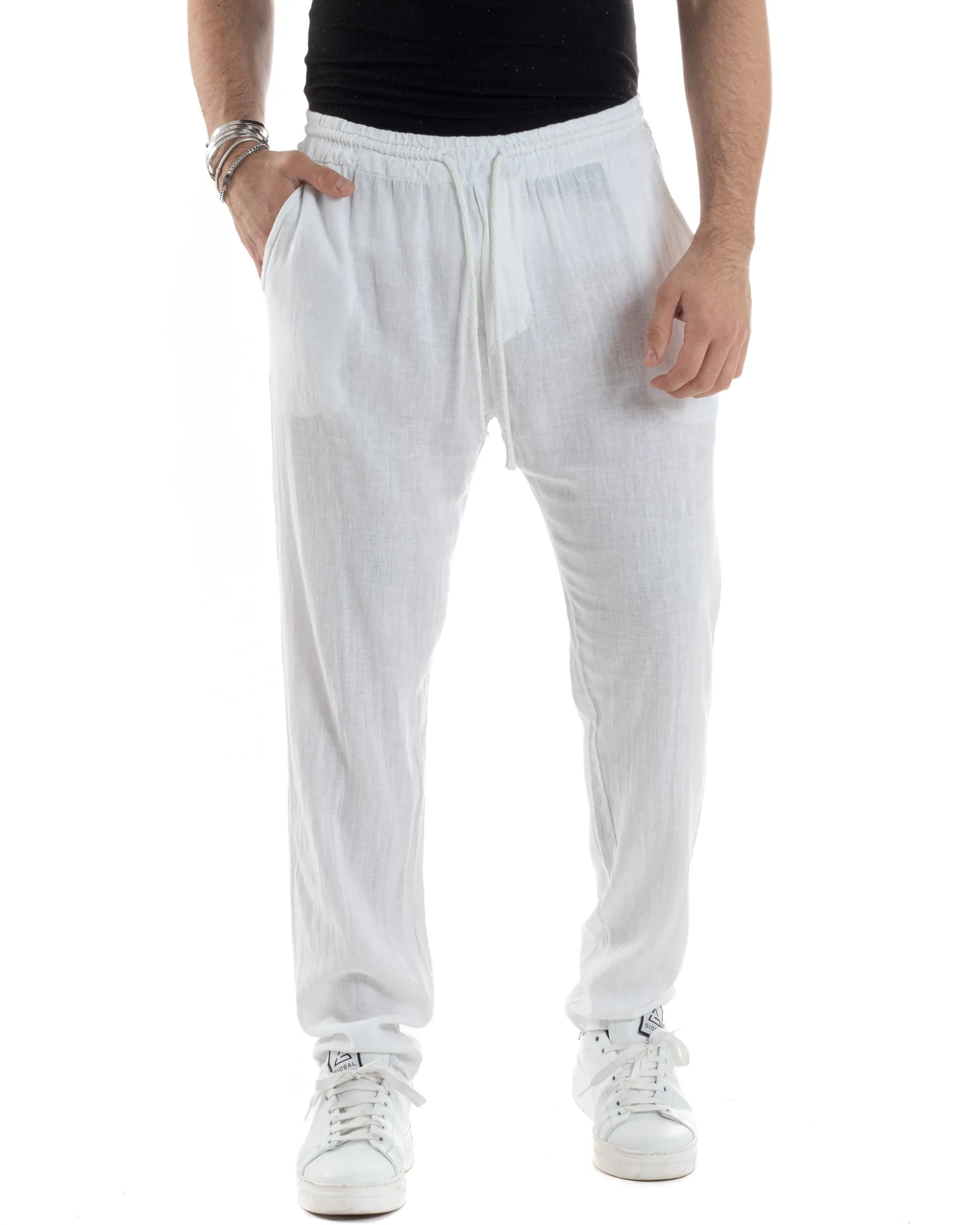 Pantaloni Uomo Lino Pantalaccio Elastico Morbido Basic Regular Fit Bianco P6095A