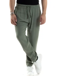 Pantaloni Uomo Lino Pantalaccio Elastico Morbido Basic Regular Fit Verde P6097A