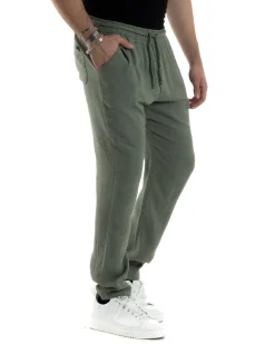 Pantaloni Uomo Lino Pantalaccio Elastico Morbido Basic Regular Fit Verde P6097A