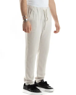Pantaloni Uomo Lino Pantalaccio Elastico Morbido Basic Regular Fit Beige P6098A