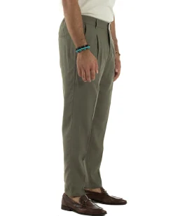 Pantaloni uomo lino sartoriale pinces tasche america elastico verde militare GIOSAL-P6323A