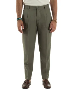 Pantaloni uomo lino sartoriale pinces tasche america elastico verde militare GIOSAL-P6323A