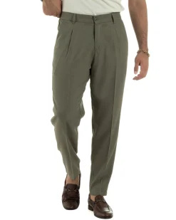 Pantaloni uomo lino sartoriale pinces tasche america elastico verde militare GIOSAL-P6323A