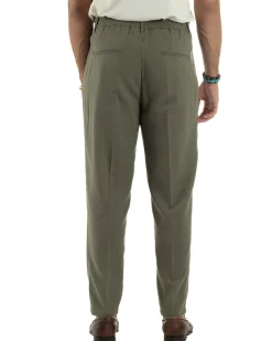 Pantaloni uomo lino sartoriale pinces tasche america elastico verde militare GIOSAL-P6323A