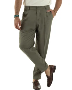 Pantaloni uomo lino sartoriale pinces tasche america elastico verde militare GIOSAL-P6323A