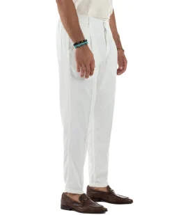 Pantaloni uomo lino sartoriale pinces tasche america elastico bianco GIOSAL-P6325A