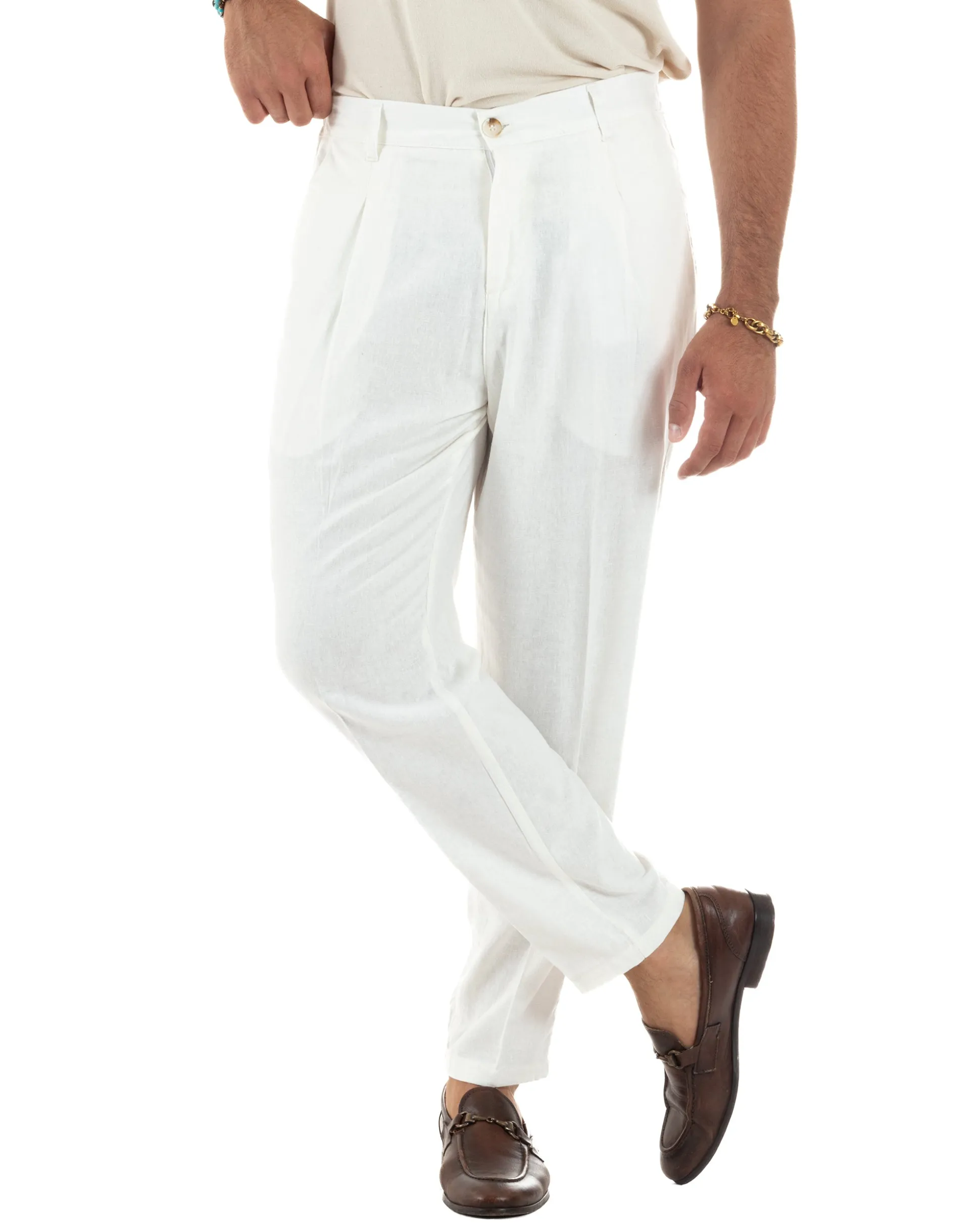 Pantaloni uomo lino sartoriale pinces tasche america elastico bianco GIOSAL-P6325A