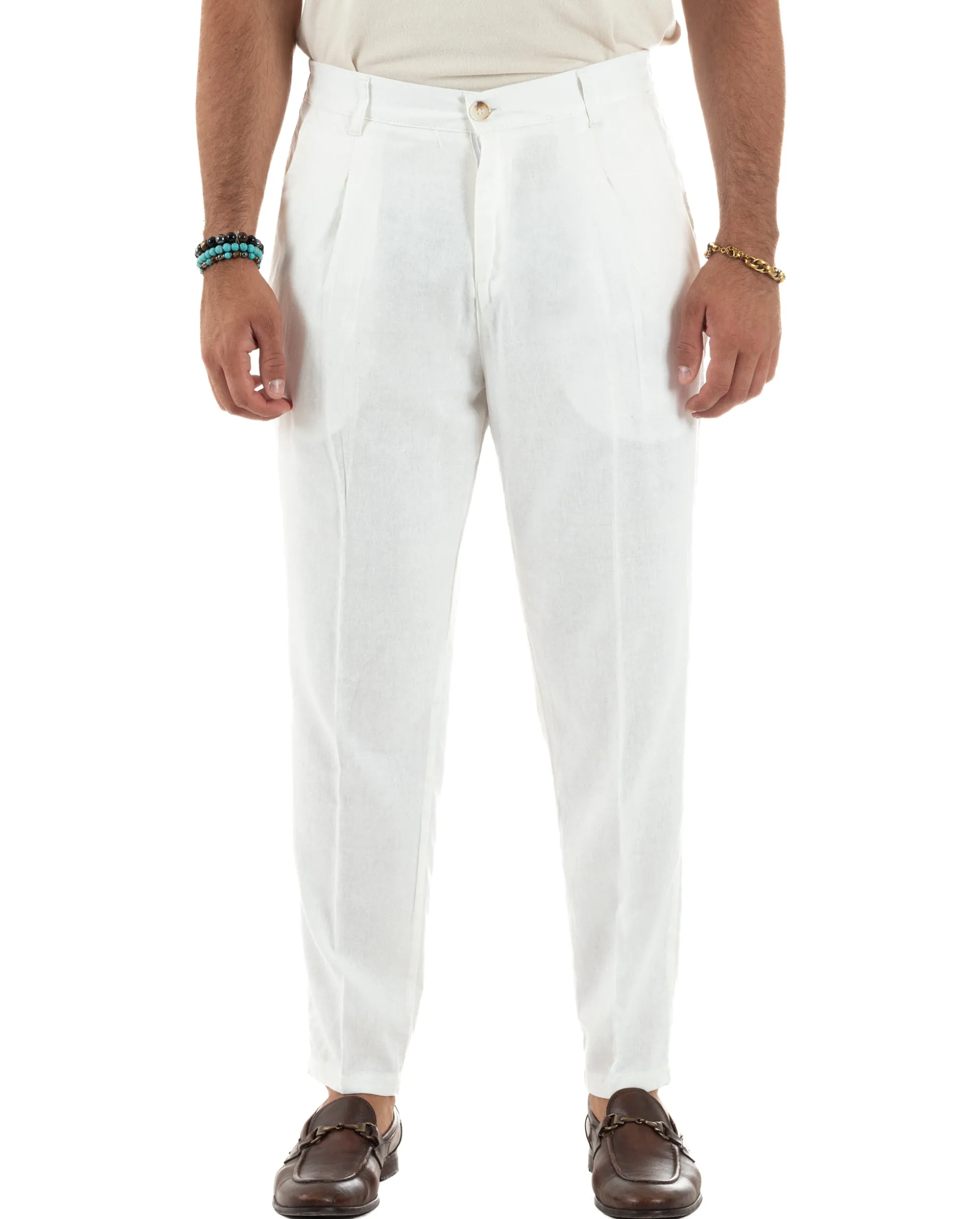 Pantaloni uomo lino sartoriale pinces tasche america elastico bianco GIOSAL-P6325A