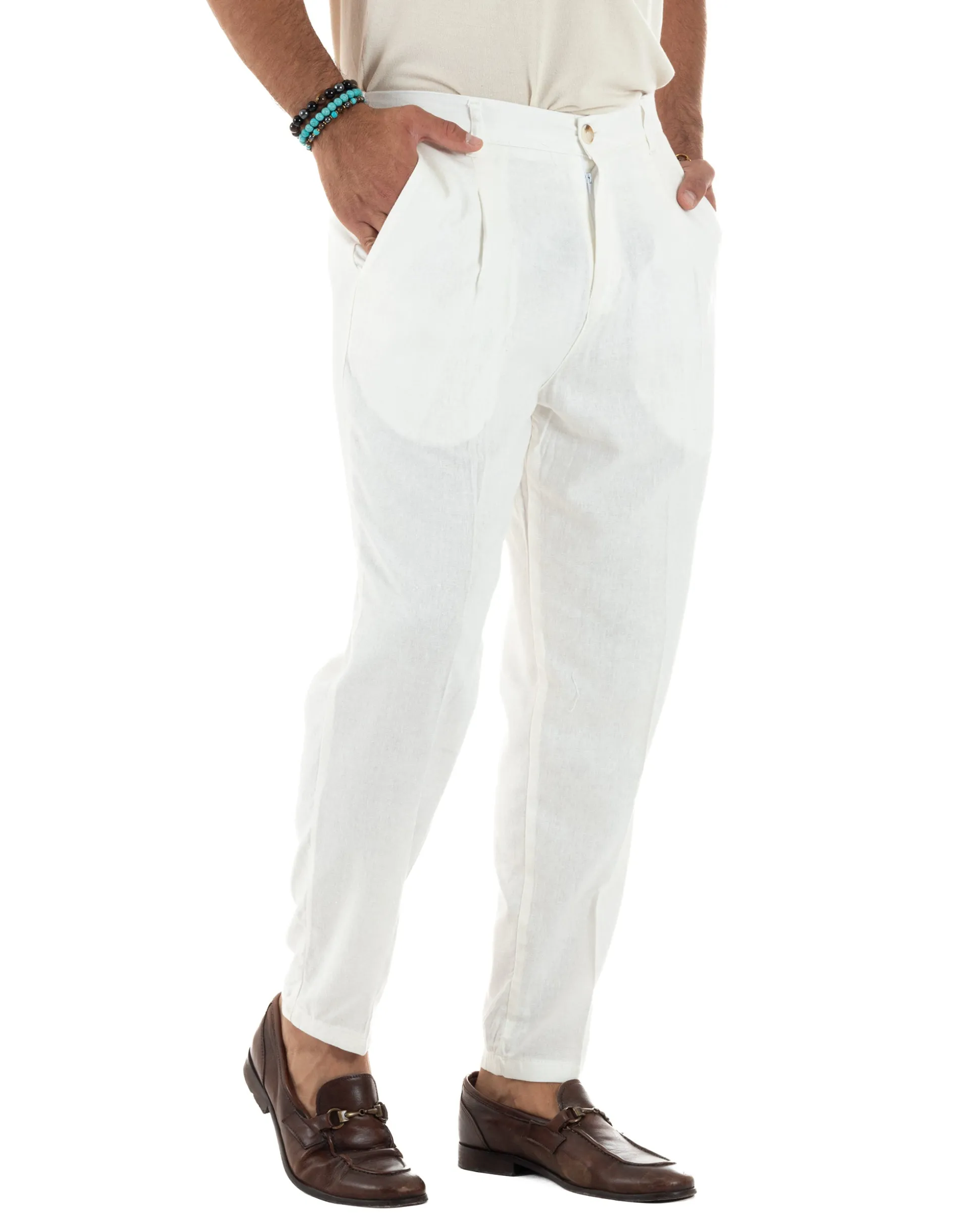 Pantaloni uomo lino sartoriale pinces tasche america elastico bianco GIOSAL-P6325A