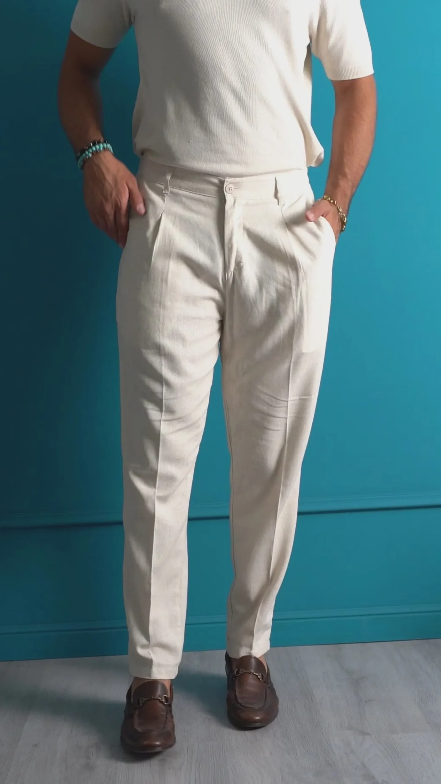Pantaloni uomo lino sartoriale pinces tasche america elastico bianco GIOSAL-P6325A