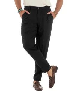 Pantaloni uomo lino sartoriale pinces tasche america elastico nero GIOSAL-P6322A