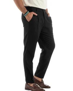 Pantaloni uomo lino sartoriale pinces tasche america elastico nero GIOSAL-P6322A