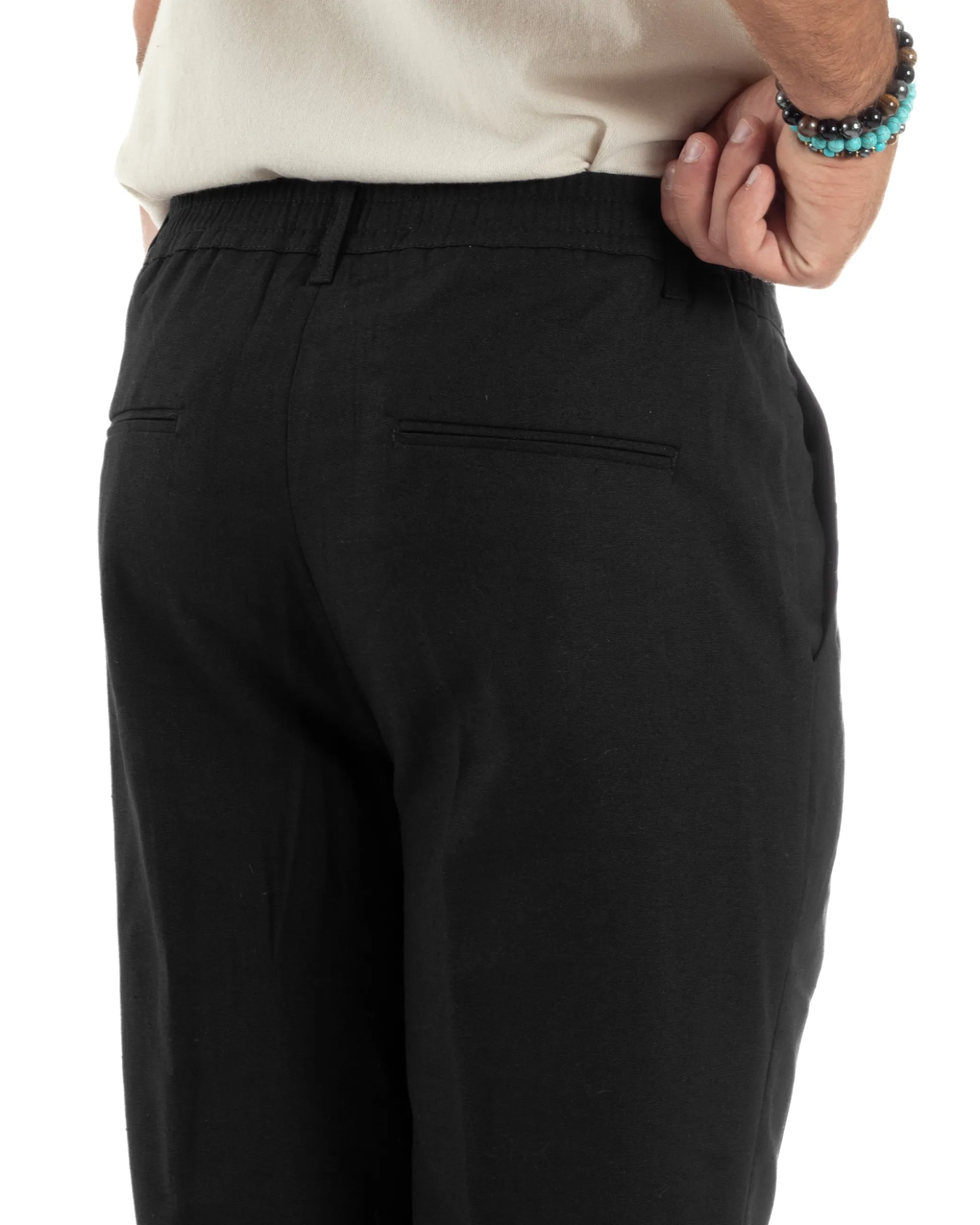 Pantaloni uomo lino sartoriale pinces tasche america elastico nero GIOSAL-P6322A
