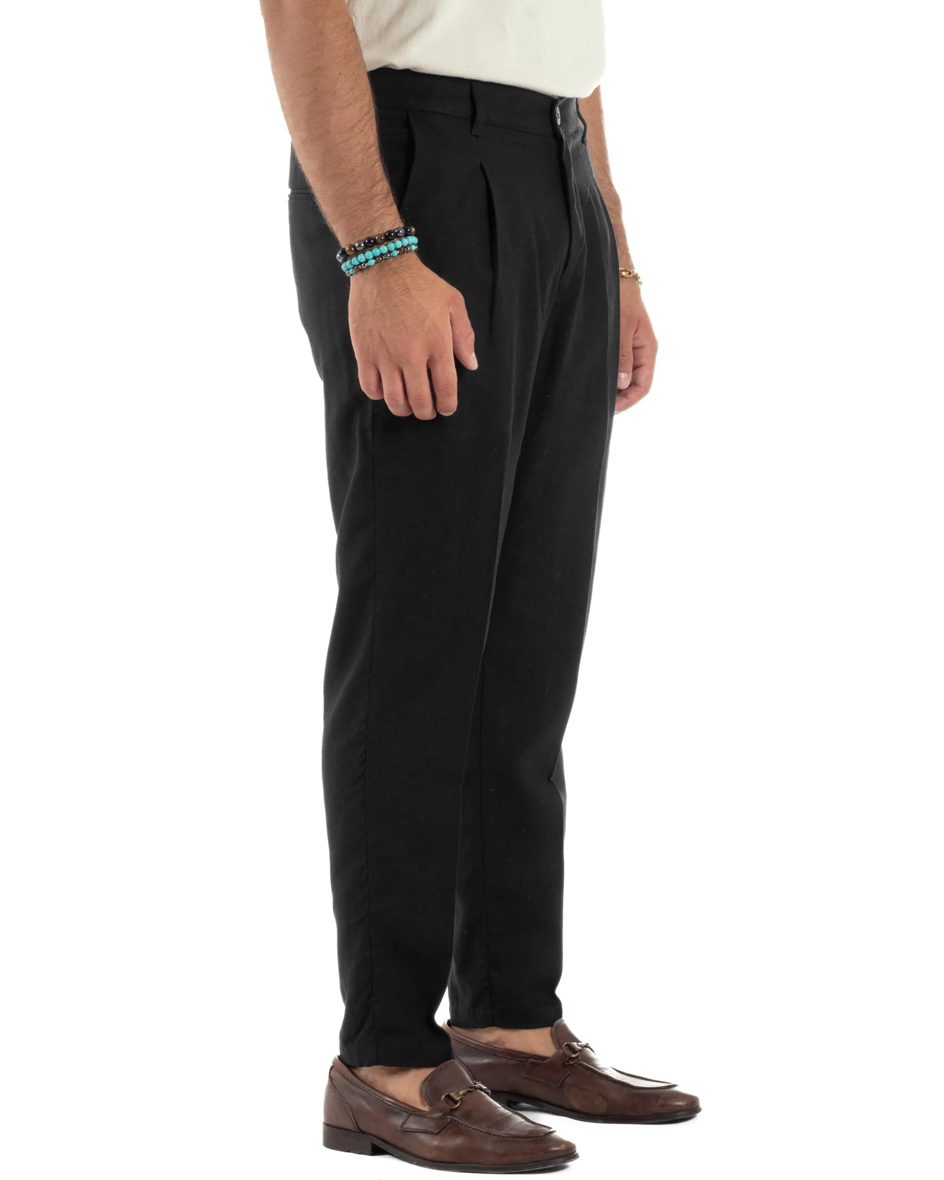 Pantaloni uomo lino sartoriale pinces tasche america elastico nero GIOSAL-P6322A